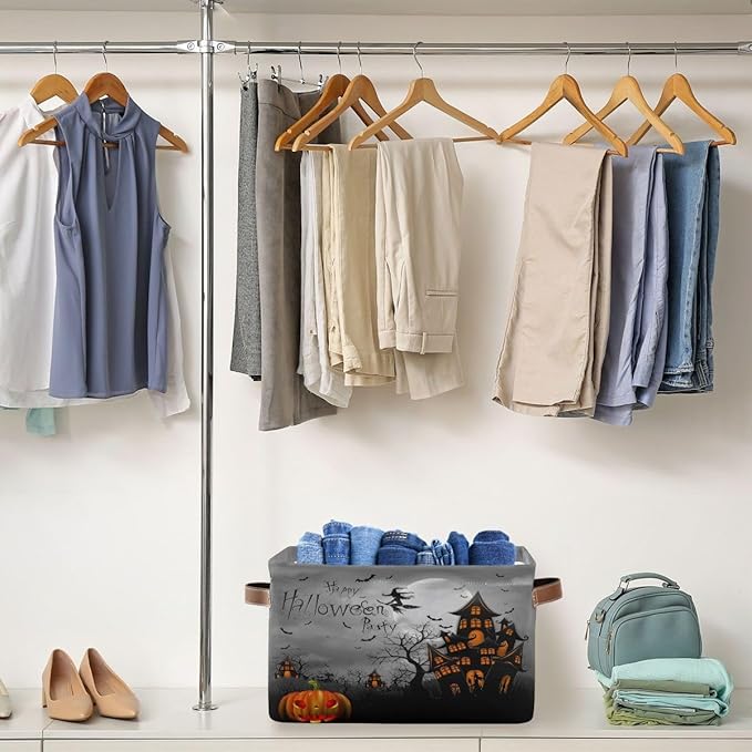 Halloween Spooky Witch Castle Storage Basket Fabric Kitchen Baskets Black Bat Ghost Pumpkin Open Home Storage Bins Boxes Foldable for Candy Toy Decorations Baskets 16×12×8 Inches