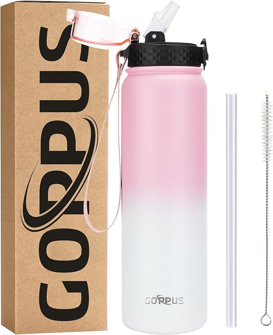 GOPPUS 32 oz Sports Water Bottle 1 Liter Double Wall Insulated Stainless Steel Water Bottles with Straw Lid Reusable Leak proof Metal water bottles with Strap Handle(Pink White 1 lid)