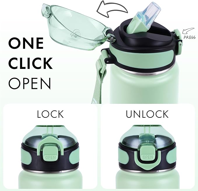 32 oz Insulated Water Bottle with Straw, Stainless Steel Metal Thermos Bottles, Durable Non-Slip Gradient Bottle with Strap for Sports and Travel, Leak Proof (Mint Matte)