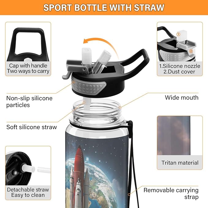 Airplane Galaxy Water Bottle with Straw Sky Sports Bottles BPA-Free Tritan Water Jug with Carrying Strap for Women Men Gym