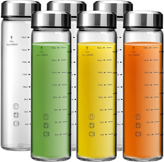 SIEROZUR Juice Bottles - 6 Pack Wide Mouth Glass Bottles with Lids - for Juicing, Smoothies, Infused Water, Beverage Storage - 20oz, BPA Free, Stainless Steel Lids, Leakproof, Reusable, Borosilicate