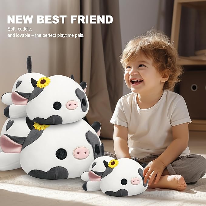 Onsoyours Cute Cow Plushie with Sunflower Headwear, Soft Stuffed Milk Cow Squishy Plush Animal Toy Flower Cow Pillow for Kids (Sunflower Cow, 9")