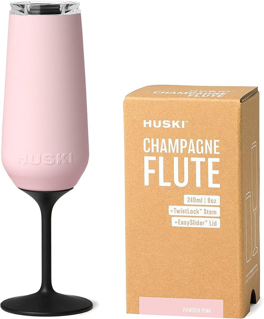 Huski Champagne Flute | NEW | Premium Stainless Steel Champagne Glass with Lid | Go Stemmed or Stemless with Detachable Stem | Triple Insulated Tumbler | 8oz Capacity | Great Gift (Powder Pink)