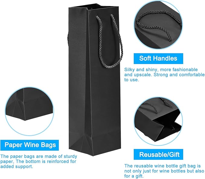 uxcell Wine Bags, 12pcs Black 4 x 4 x 14 In Wine Gift Bags with Rope Handles Paper Wine Tote Bag for Wedding Birthday Christmas Party Supplies
