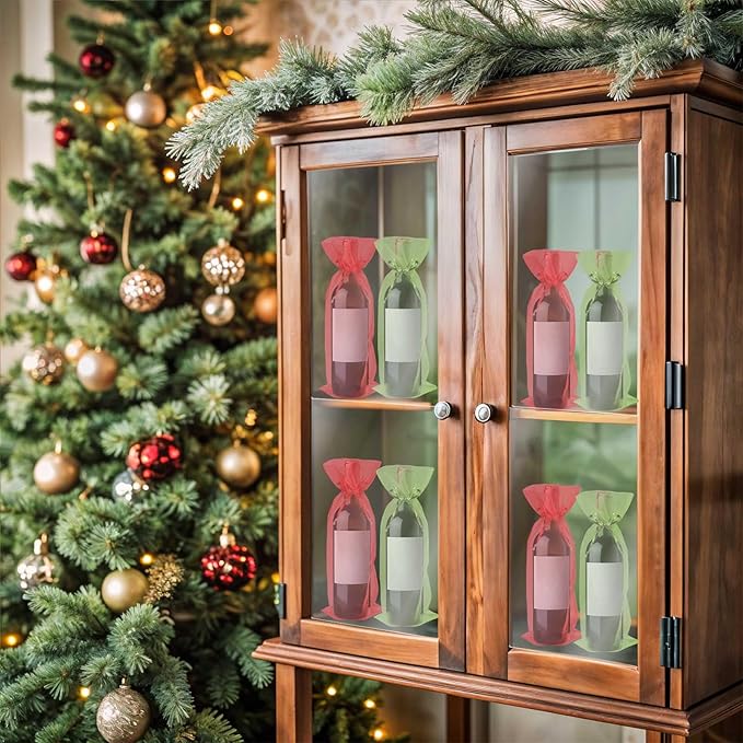 Megitzuu 20 Pieces Organza Wine Bags, 14.6 x 5.5 Inch Wine Gift Bag with Drawstring Sheer Mesh Wine Gift Pouches Bottle Covers for Halloween Christmas Wedding Party Favors (Red+Green)