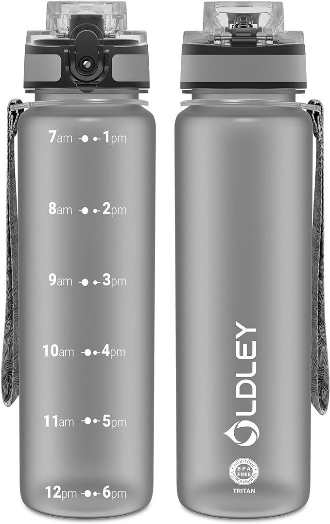 OLDLEY 32 oz Water Bottle, Motivational Water Bottle with Time Marker, Sports Water Bottle With Strap, Leakproof & BPA Free Large Water Bottles for School, Gym, Travel, Outdoor, Tritan,Gray