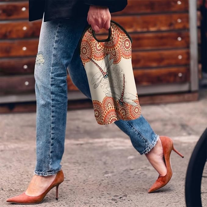 doginthehole Dragonfly Wine Carrier Tote Bag Insulated Neoprene Wine Bottle Holder Boho Style Champagne Bottles Protective Travel Bag Water Bottle Holder, 2 Bottles