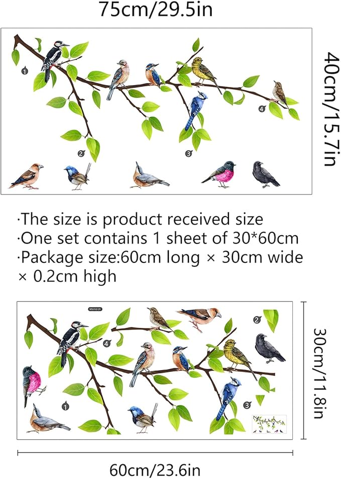 Hummingbird on The Tree Branch Wall Sticker, Colorful Birds Green Tree Decals, Removable Green Leaf and Flying Bird DIY Art Wall Decal for Garden Living Room Bedroom Kitchen Nursery Room