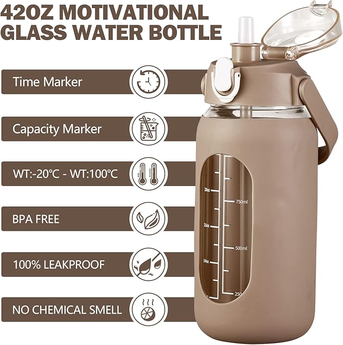 kytffu 42oz Glass Water Bottles with Straw, Motivational Glass Bottle with Silicone Sleeve and Time Marker, Leakproof Large Glass Water Jug for Gym Home Office,Amber