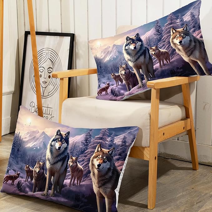 AILONEN Snow Wolf Fitted Sheet Set Full Size, Winter Sunset Wildlife Wolf Bed Sheet Set for Boys Girls Adults,Safari Wolves Print Fitted Sheet with 2 Pillowcases,3 Pieces