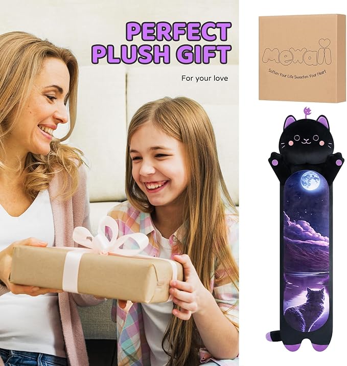 Long Cat Plush Kawaii Kids Plush Toy Pillows, Cute Black Cat Stuffed Animals Soft Plushies, Kitten Big Plush Toys Throw Body Pillow Doll Gift for Girls Boys (Purple Devil Cat 44 Inch)