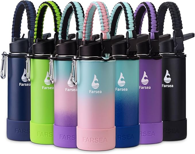 Farsea Insulated Water Bottle With Paracord Handle, Protective Boot and 2 Lids (Straw Lid & Spout Lid), Stainless Steel Water Bottle Wide Mouth, Double Wall Sweat-Proof BPA-Free, 18 oz