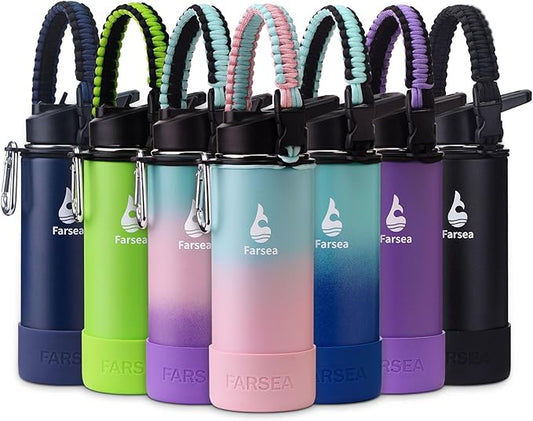 Farsea Insulated Water Bottle With Paracord Handle, Protective Boot and 2 Lids (Straw Lid & Spout Lid), Stainless Steel Water Bottle Wide Mouth, Double Wall Sweat-Proof BPA-Free, 18 oz
