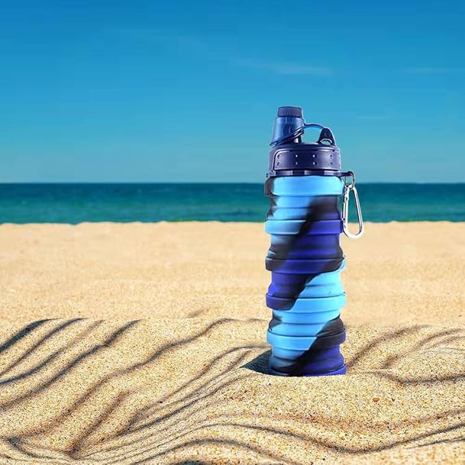 Collapsible Water Bottle Travel Water Bottle Portable Hiking Water Bottle with Leak proof Twist Cap 500ML Reusable BPA Free Silicone Water Bottles (Style1, Blue camouflage)