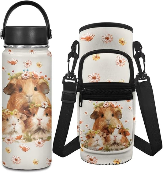 Hamster Insulated Water Bottle with Handle Lid 18 OZ Water Bottle for Girls 7-9 Water Bottle Holder Pouch Adjustable Strap Hot Water Bottle