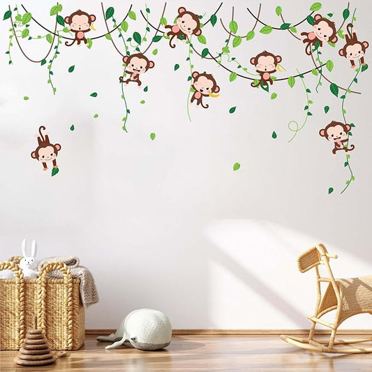 Monkey Climbing Tree Wall Stickers - Jungle Animals Vine Leaves Wall Decals - Baby Nursery Kids Girls Boys Room Daycare Playroom Classroom Wall Decor