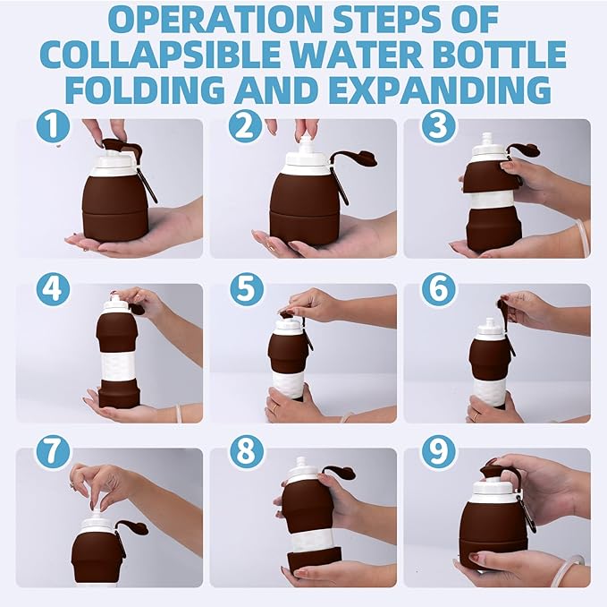 Collapsible Water Bottle, 19.6oz Leakproof Foldable BPA Free Silicone Reusable Sports Bottle, Portable Refillable Bottles with Carabiner, Ideal for Travel Hiking Outdoor Camping Gym (Brown)