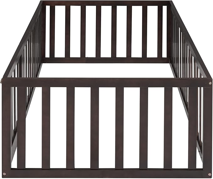 Twin Size Floor Bed with Fence, Solid Wood Floor Bed Frame for Kids with Door, Twin Platform Bed for Boys and Girls Kids Teens, Fun Design Multifunctional Floor Bed, for Children Bedroom