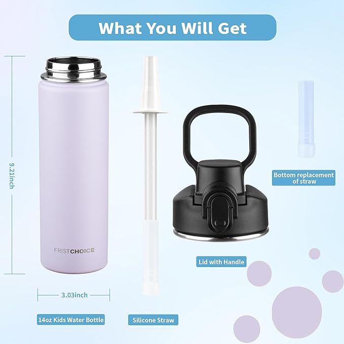 Insulated water bottle with Straw,24oz Stainless Steel Water Bottle for Adult Kids,Double Wall Vacuum Wide Mouth Insulated Water Bottle for Sports,BPA-free and Leak-proof（24oz,Lavender）