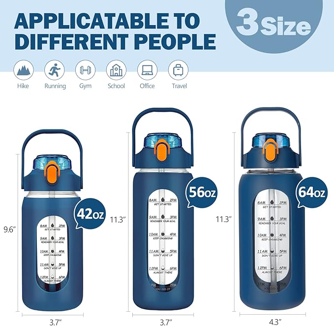 kytffu 56oz Glass Water Bottles with Straw, Motivational Glass Bottle with Silicone Sleeve and Time Marker, Leakproof Large Glass Water Jug for Gym Home Office,Blue