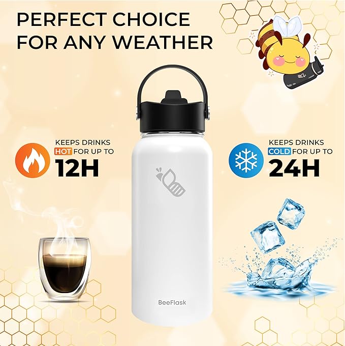 Sports Water Bottle - 32 Oz, Includes 50 Cute Flask Stickers, 3 Lids (With straw), Vacuum Insulated, 308 Stainless Steel, with a Portion of Sales Supporting Bee Conservation | White
