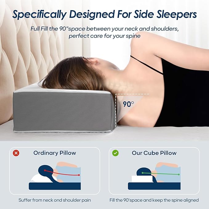 Cooling Cube Pillow for Side Sleepers, Square Memory Foam Side Sleeper Pillow Firm Soft Double-Sided Supportive, Support Head Neck Shoulder for Pain Relief Cervical Pillow, 24"x12"x4"