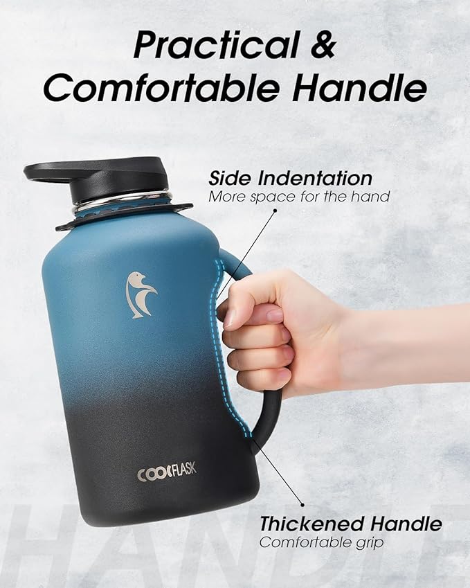 64 oz Water Bottle Insulated with Handle, Coolflask Half Gallon Water Jug With Strap Straw Stainless Steel Double-Walled Vacuum Metal Large Flask Leakproof, Keep Cold 48 Hrs Hot 24hrs, Prussian Blue