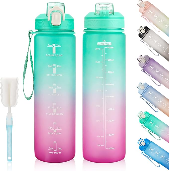 Motivational Water Bottle with Time Marker- 32oz Water Bottles with Times to Drink, Leakproof & BPA Free Sports Water Bottle with Straw & Carry Strap for Fitness, Gym, and Outdoor Sports