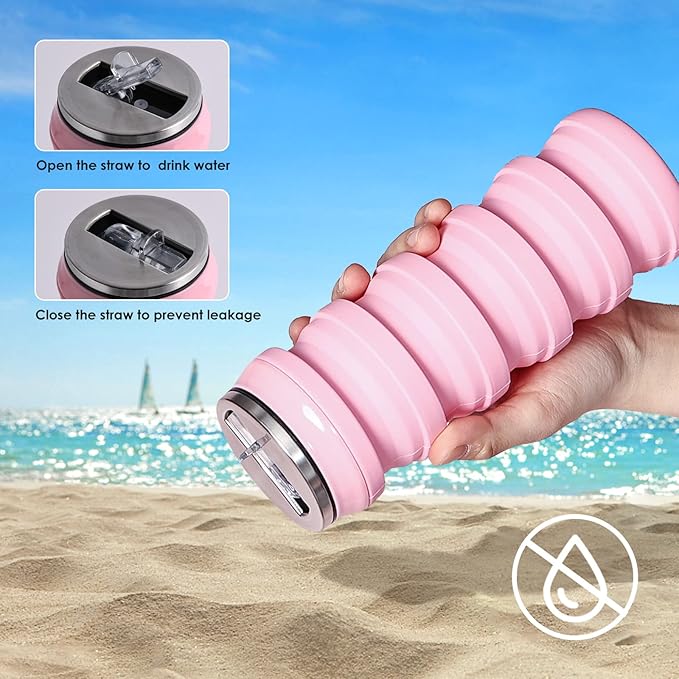 BeHeSo Collapsible Water Bottles with Silicone Brush - Straw Silicone Foldable Water Bottle Reusable Camping Cup Leak Proof Portable Travel Sport Water Bottle-500ml/17oz (Pink)