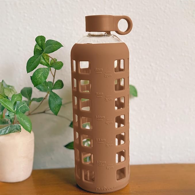 purifyou Premium Glass Water Bottles, 40/32/ 22/12 oz Reusable Drinking Bottle with Time & Volume Markings Silicone Sleeve & Stainless Steel Lid for Water, Coffee, & Fruit Juice (40oz Iced Coffee)