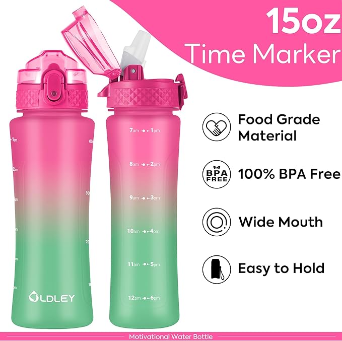 OLDLEY Kids Water Bottle for School with Straw Chug Lid, 15 oz Unbreakable Leak-Proof BPA-Free Motivational Water Bottles with Time Marker for Travel Sports Gym, 2 Lids,Rose-Red Green