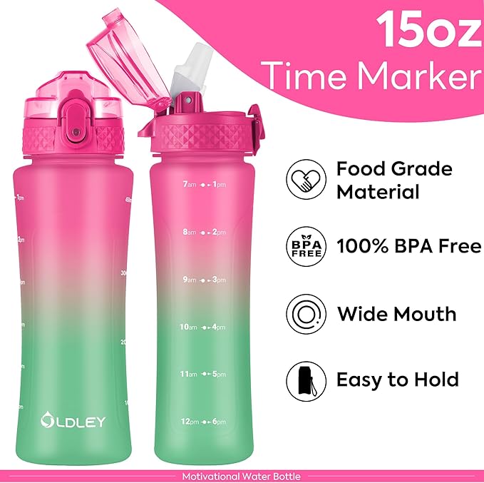 OLDLEY Kids Water Bottle with Straw 15 oz BPA-Free Leak-Proof Motivational Water Bottles with Time Marker for School Sports Travel Gym, Easy to Use for Girls Goys, 1 Straw Lid, Rose-Red Green
