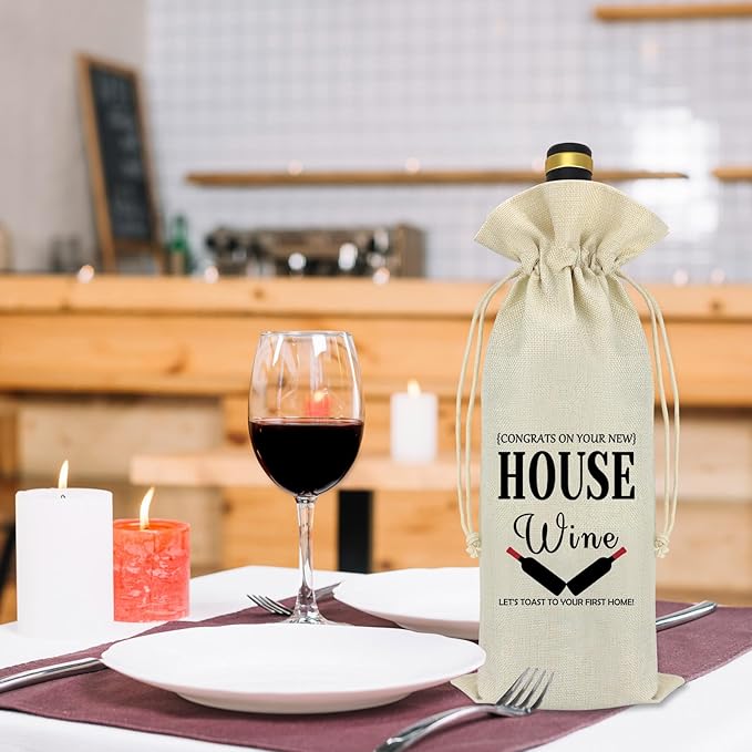 House Warming Gifts New Home Wine Bag Housewarming Gifts for New House First Home Gifts New Home Owners Gift Realtor Gift for Clients Couple Gift New Home Decorations Drawstring Burlap Wine Bottle Bag