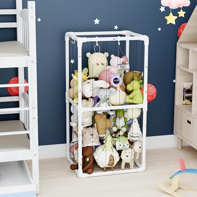 Extra Large Plush Stuffed Animal Storage Zoo Holder Standing, Kids Toy Storage Organizer Shelves Basket with Nets for Stuffed Animals, Play Room Decor Corner Toy Box Storage. (Thicker Tube)