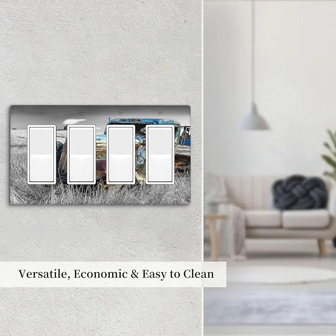 Vintage Country Old Blue Truck 4 Gang Rocker Decora Light Switch Cover Rustic Decorative Outlet Covers Wall Plate Electrical Faceplate Switchplate GFCI for Farmhouse Bedroom Livingroom Decor