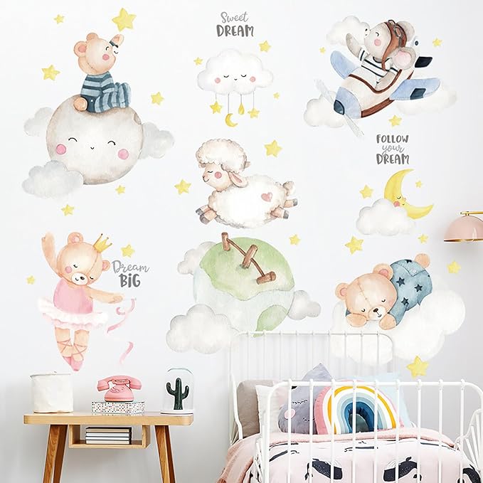Animal Wall Sticker Clouds Bear Sheep Moon Wall Decals Children DIY Art Decal for Living Room TV Sofa Background Bedroom Kids Room Nursery