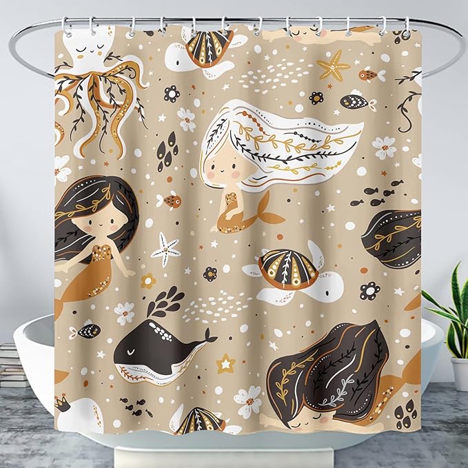 AILONEN Mermaid Shower Curtain,Octopus Whale Retro Mermaid Bath Curtain,Ocean Beach Polyester Waterproof for Bathroom,72" W*72" H with 12 Plastic Hooks