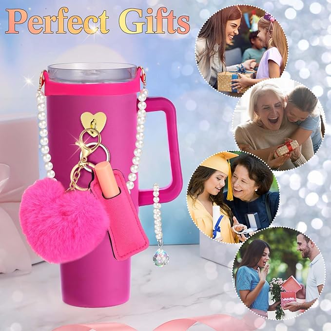 Water Bottle Accessories Set with Silicone Water Bottle Handle with Strap Hanging Charms Compatible with Stanley Cup(Rose Red)