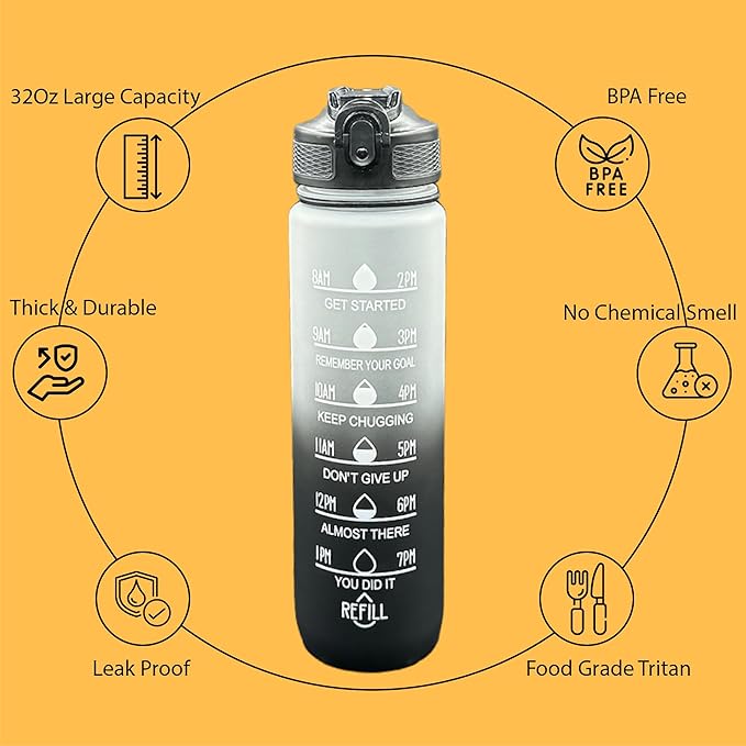 Yaa Fresh Water Bottles, 32oz Motivational Sports Water Bottle with Time Marker - Times to Drink - Tritan, BPA Free, Wide Mouth Leakproof, Fast Flow Technology with Clean Brush (1 Pack) (Black-White)
