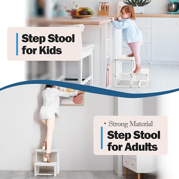 LIANTRAL Step Stools for Adults Kids, 3 in1 Heavy Duty Sturdy Two Step Stool, Supports Up to 500lb, Wooden Board Metal Frame, Foot Stool for High Bed Kitchen Bathroom - White