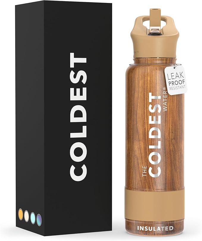 Coldest Sports Water Bottle with Straw Lid Vacuum Insulated Stainless Steel Metal Thermos Bottles Reusable Leak Proof Flask for Sports Gym (40 oz, Executive Wood)