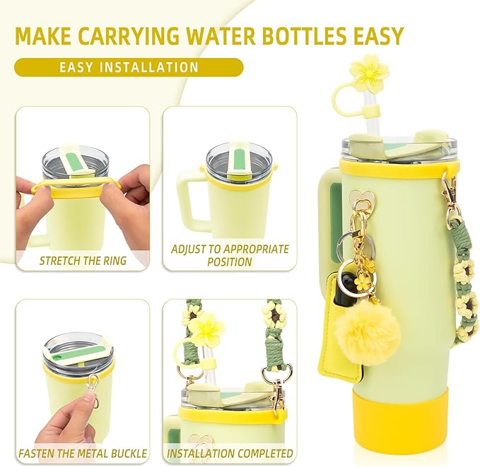 Stanley Cup Accessories Set Including 1 Pcs Water Bottle Handle Strap, 1 Pcs Siliocne Straw Cover, 1 Pcs Siliocne Stanley Cup Boot, 3 Pcs Stanley Charms for Stanley Cup 40oz & 30oz Tumbler - Yellow
