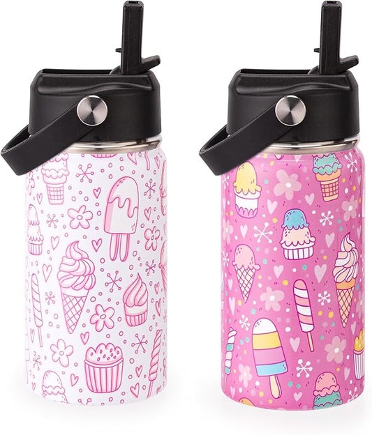Kids Insulated Water Bottle, 2 Pack 12oz Ice Cream Water Bottles Bulk with Flip Straw & Big Handle, Gifts for Kids Girls to School Travel Sports, Hands Wash Only, Pink & White