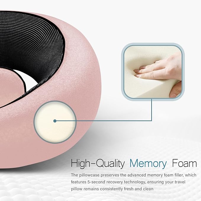 PORTHOLIC 2024 Upgraded Travel Neck Pillow with Buckle,100% Pure Memory Foam Travel Neck Pillow for Airplane Travel Flight Headrest Sleep, Portable Plane Accessories (Pink)