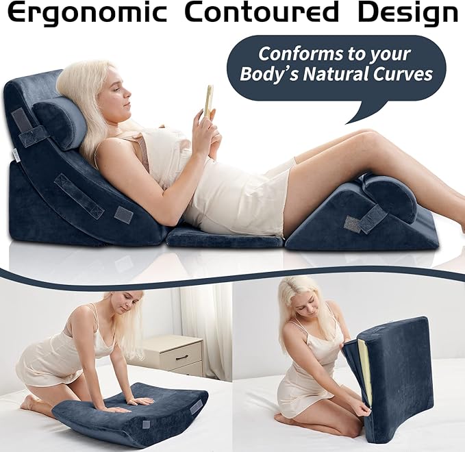 Qirroboni 6PCS Orthopedic Bed Wedge Pillow Set, Adjustable Pillows for Neck, Back and Leg Pain Relief Comfortable & Post Surgery Foam - Heartburn, Anti Snoring, Acid Reflux & GERD Sleeping Indigo
