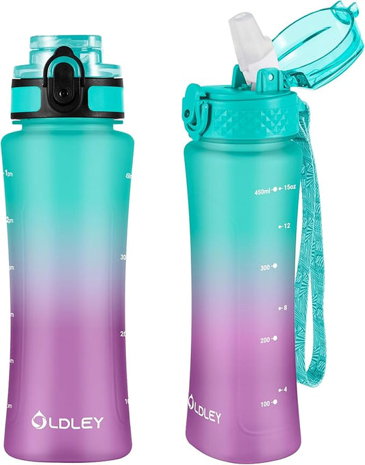 OLDLEY Kids Water Bottle for School with Straw Chug Lid, 15 oz Unbreakable Leak-Proof BPA-Free Motivational Water Bottles with Time Marker for Travel Sports Gym, 2 Lids, Mint Purple