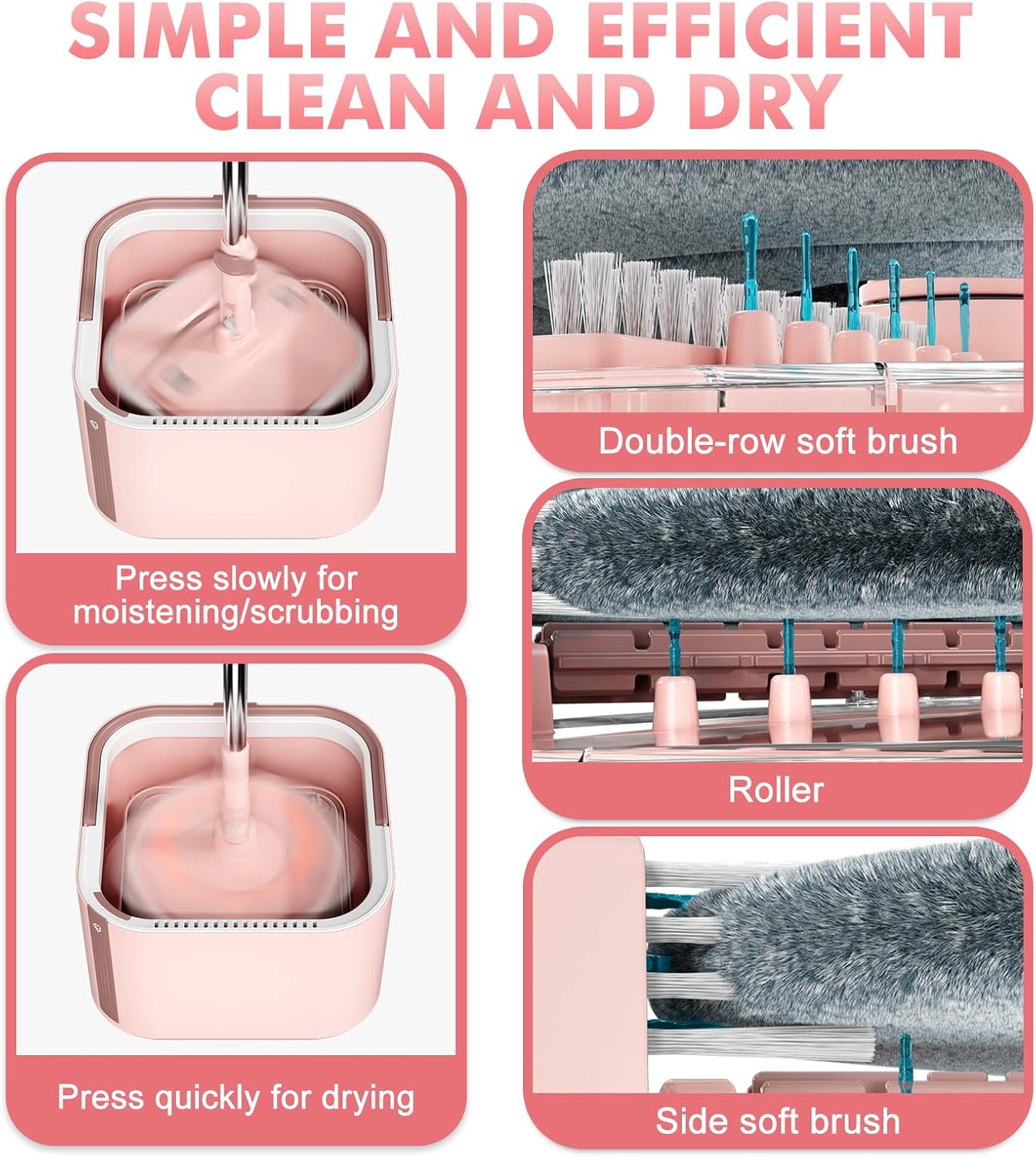 Upgraded Spin Mop and Bucket Self-Standing Mop Bucket Separate Dirty and Clean Water System Self Wringing 360° Rotating & 90° Foldabl Mops and Buckets for Floor Cleaning (Pink, 10Pads)