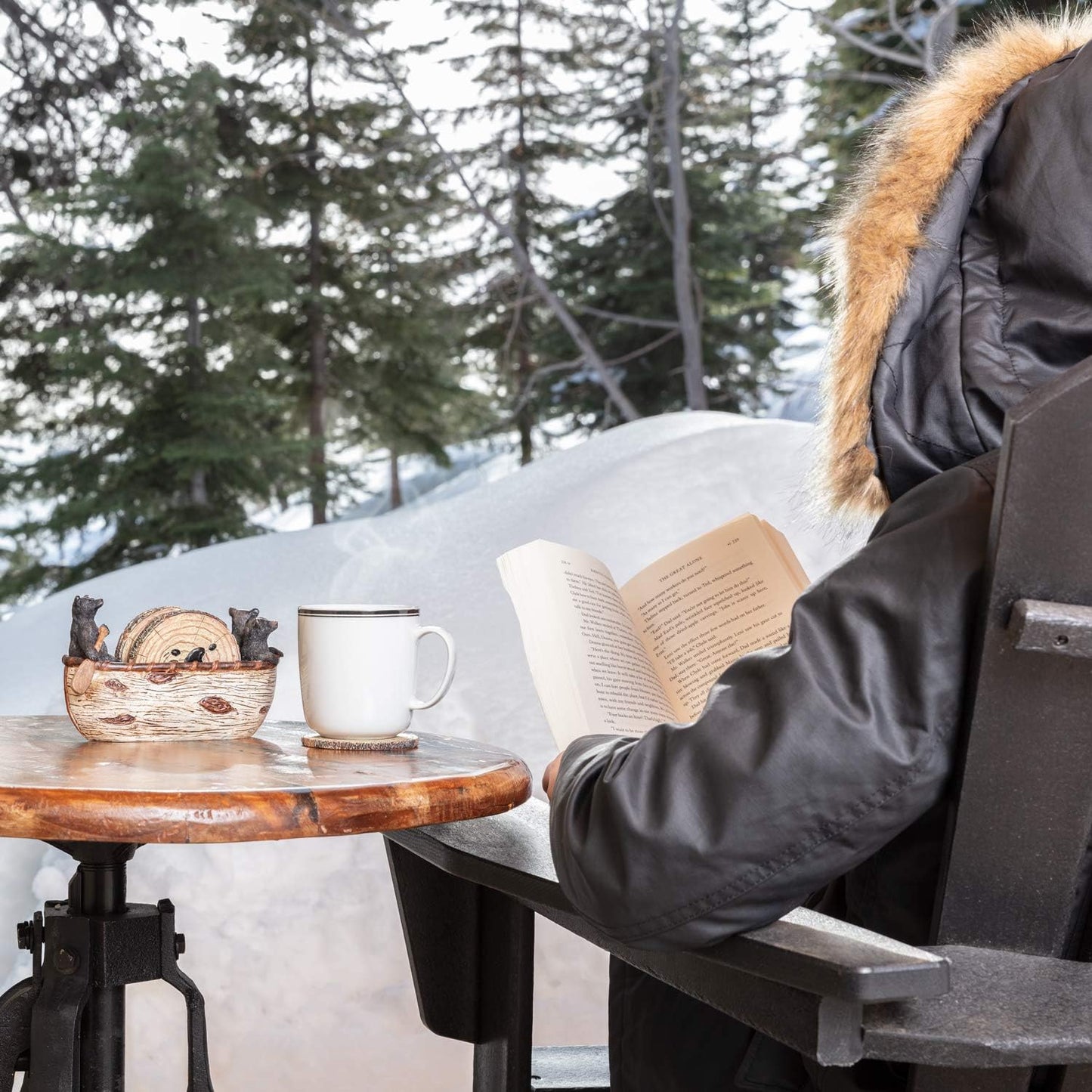 Bear Coasters Set of 6 Full Size Rustic Coasters in Handmade Canoe with Adorable Black Bear Figurines | Black Bear Log Cabin Decorations, Rustic Lodge Decor for The Home