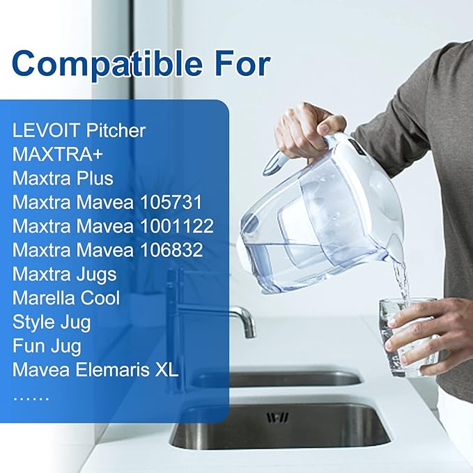 Replacement Filter Compatible with Brita Mavea 1001122,Maxtra,Maxtra+ and LEVOIT Pitcher Water Filter cartridges with Lead&Arsenic Removal (Pack of 6)