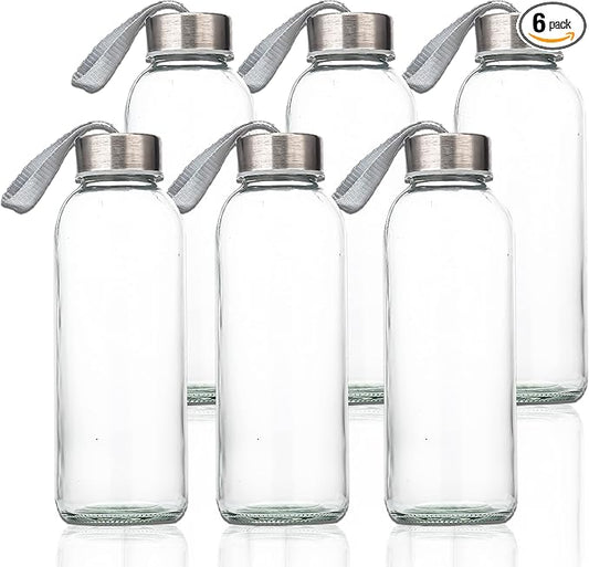 SureSave Glass Water Bottles with Stainless Steel Lids and Sleeves | 16 Oz Reusable Glass Bottles with Carrying Loop for Eco-Friendly Travel Drinks and Beverages (6 Pack)